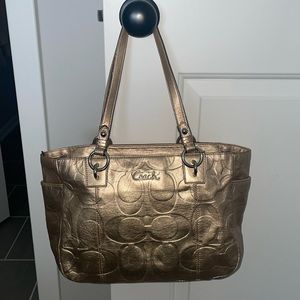 Coach Tote Metallic Gold East West Embossed Gold Signature Leather Handbag Purse